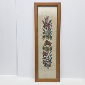 Vintage Equestrian Horse And Flowers Needlepoint Framed Wall Art Cottagecore